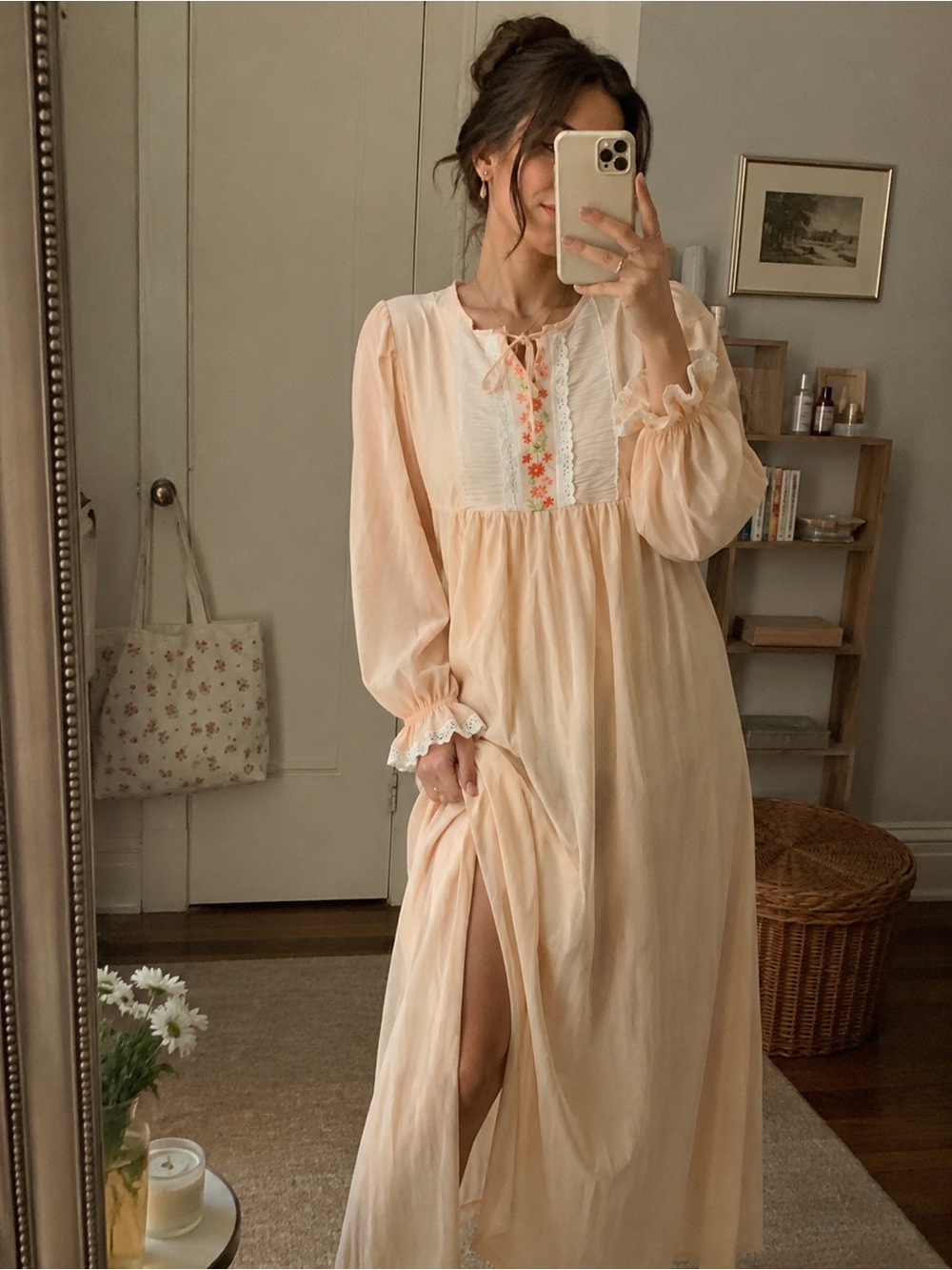 Vintage Sears Sheer Chiffon Nightgown | Melon Peach | Romantic Cottagecore M